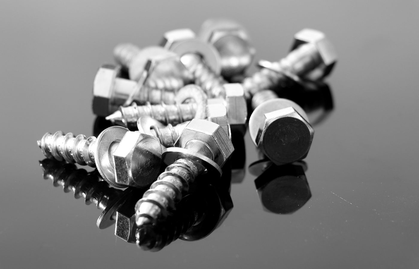 Close-up of metal screws, bolts, nuts and washers.